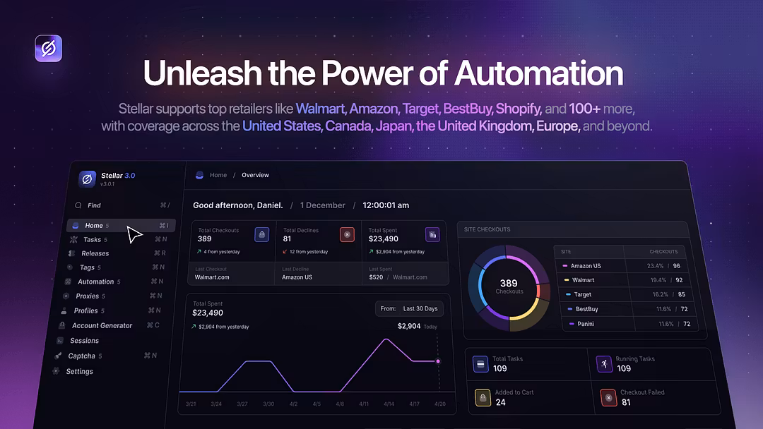 Centralise all your bot tasks and spend in one place • Track performance and profitability across bots and stores • Stay organised with a clean, modern UI • Free tool built specifically for Stellar AIO users